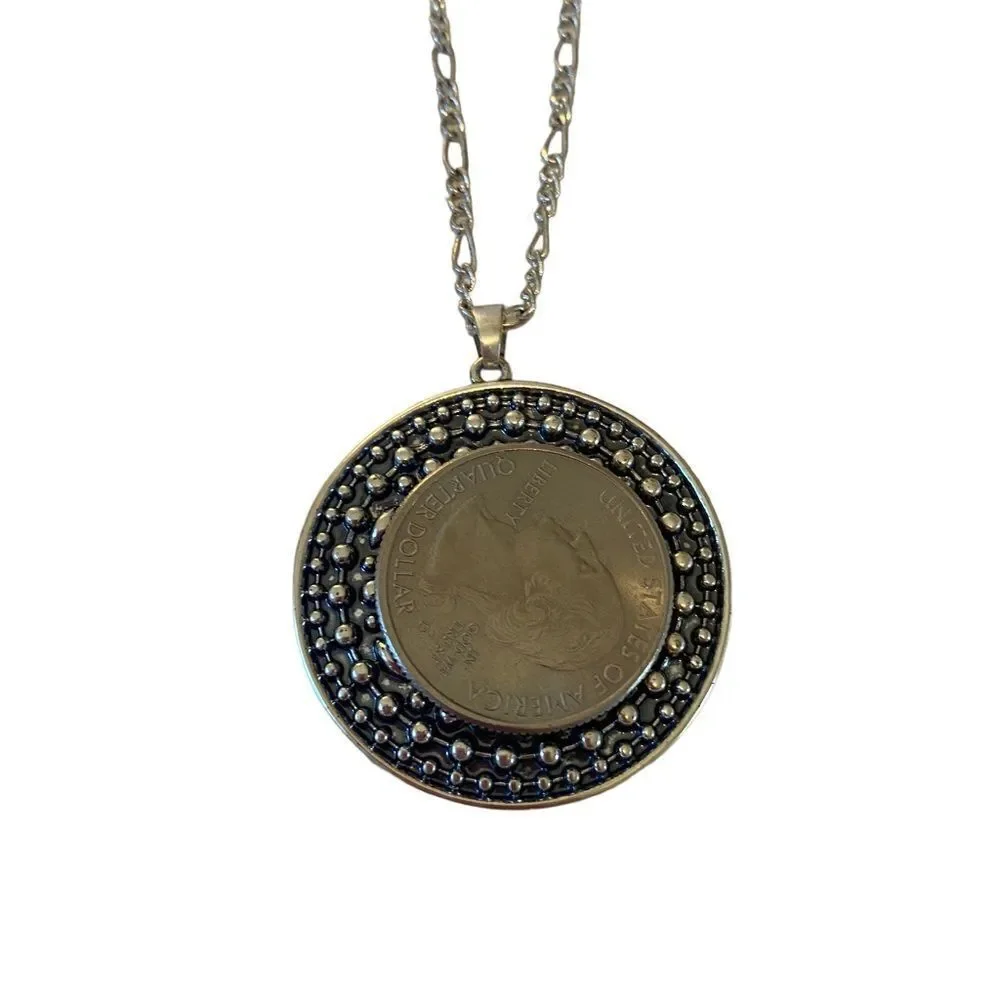 Oxidized Set Stone Pendant Necklace on Long Silver Toned Chain.